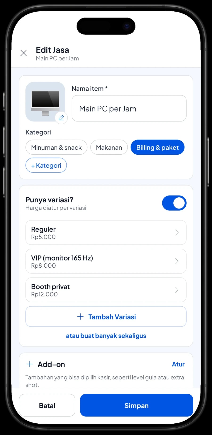 Edit item Main PC per Jam: varian Reguler Rp5.000, VIP Rp8.000 dan Booth privat Rp12.000