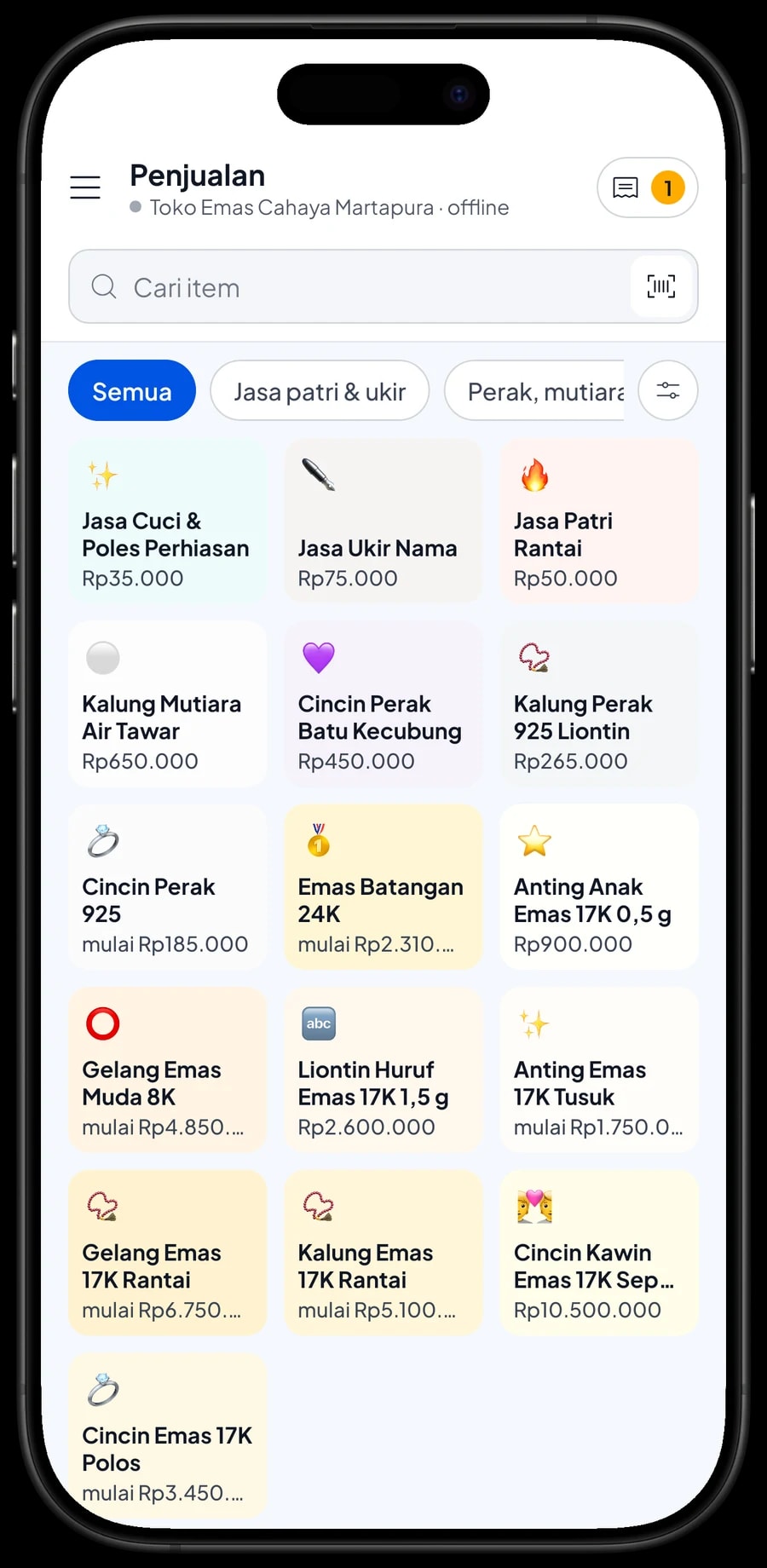 Layar Penjualan Toko Emas Cahaya Martapura dengan keranjang berisi Jasa Ukir Nama dan Kalung Mutiara Air Tawar