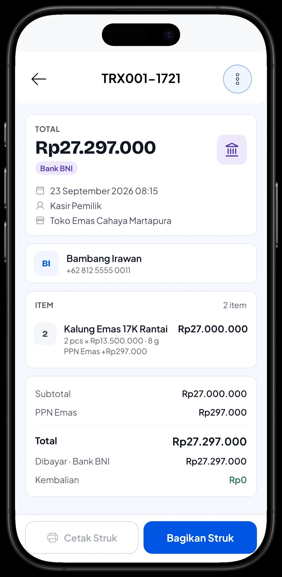 Detail transaksi: Liontin Huruf Emas 17K 1,5 g dengan diskon member dan PPN Emas, dibayar lewat bank
