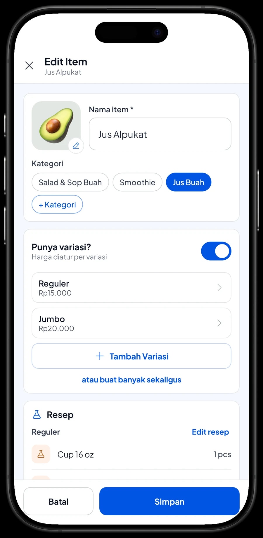 Edit item Jus Alpukat bertipe Racikan dengan satuan cup dan resep varian Reguler