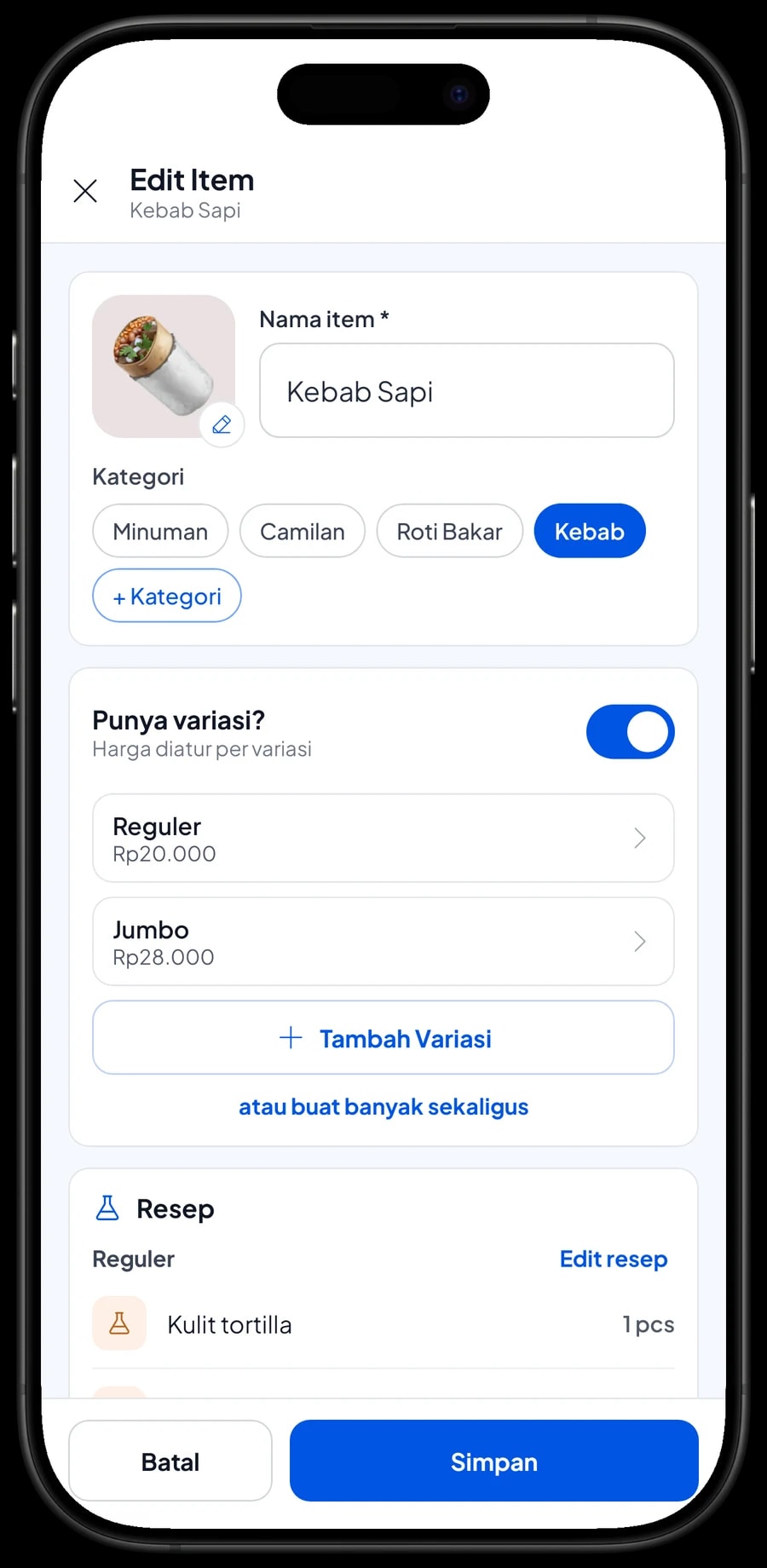 Edit item Kebab Sapi: varian Reguler dan Jumbo, masing-masing dengan harga sendiri