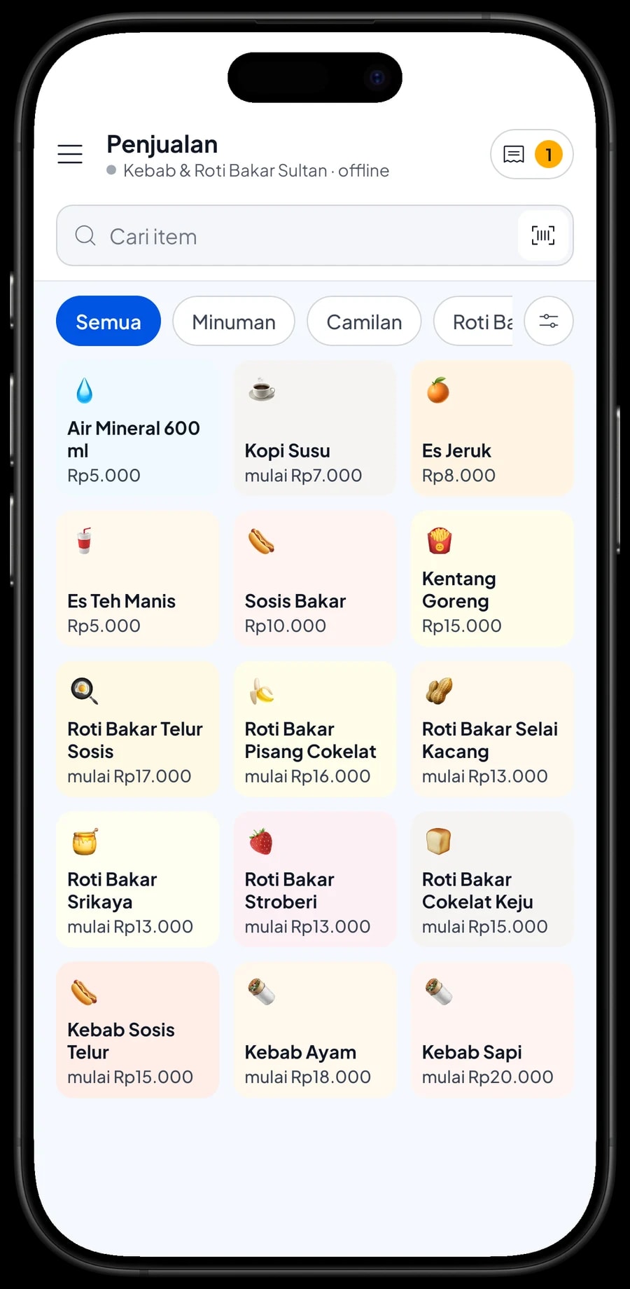 Layar Penjualan Kebab & Roti Bakar Sultan dengan menu kebab, roti bakar, camilan dan minuman