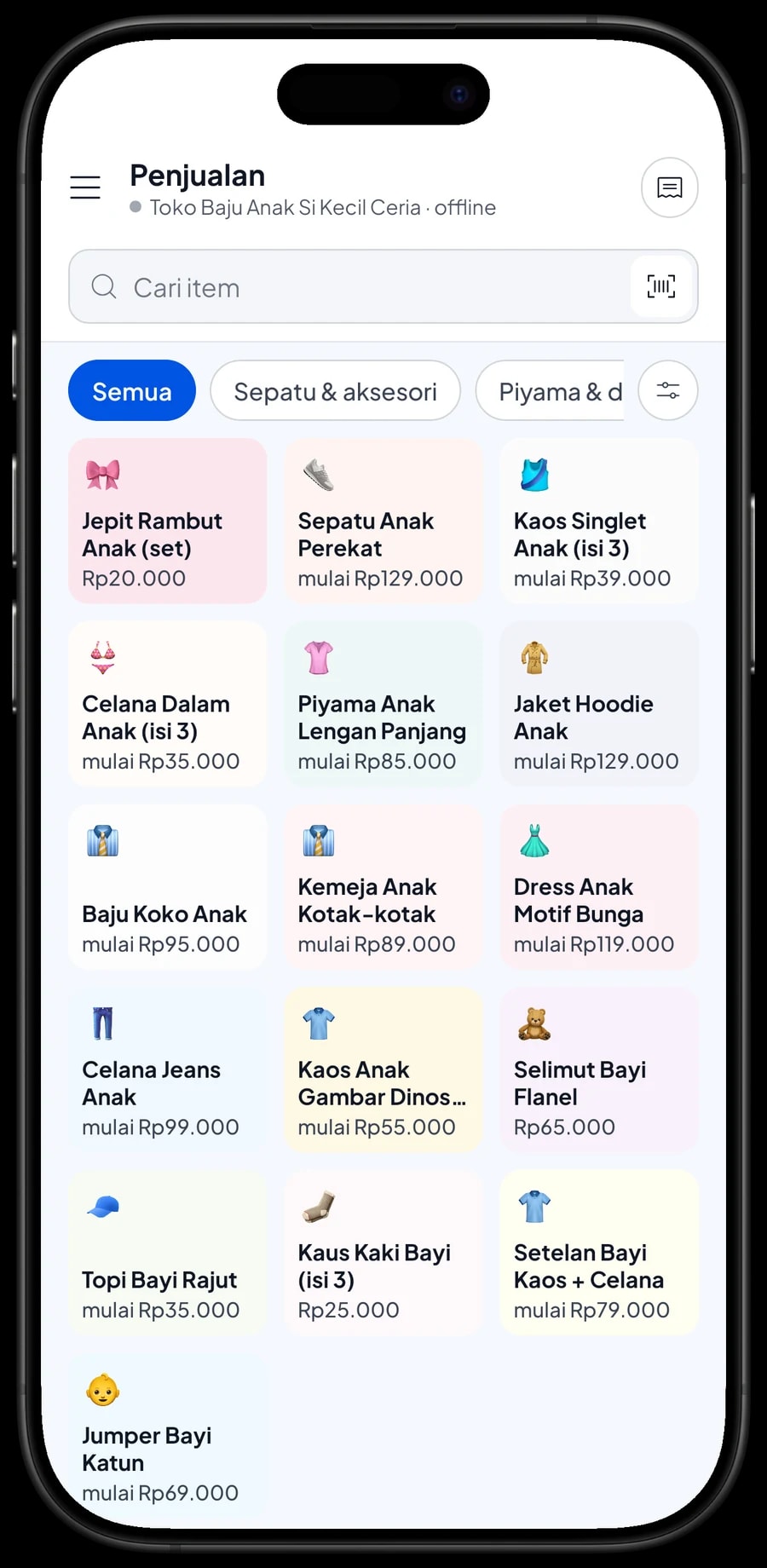 Layar Penjualan Toko Baju Anak Si Kecil Ceria dengan tab kategori umur dan keranjang Budi Santoso