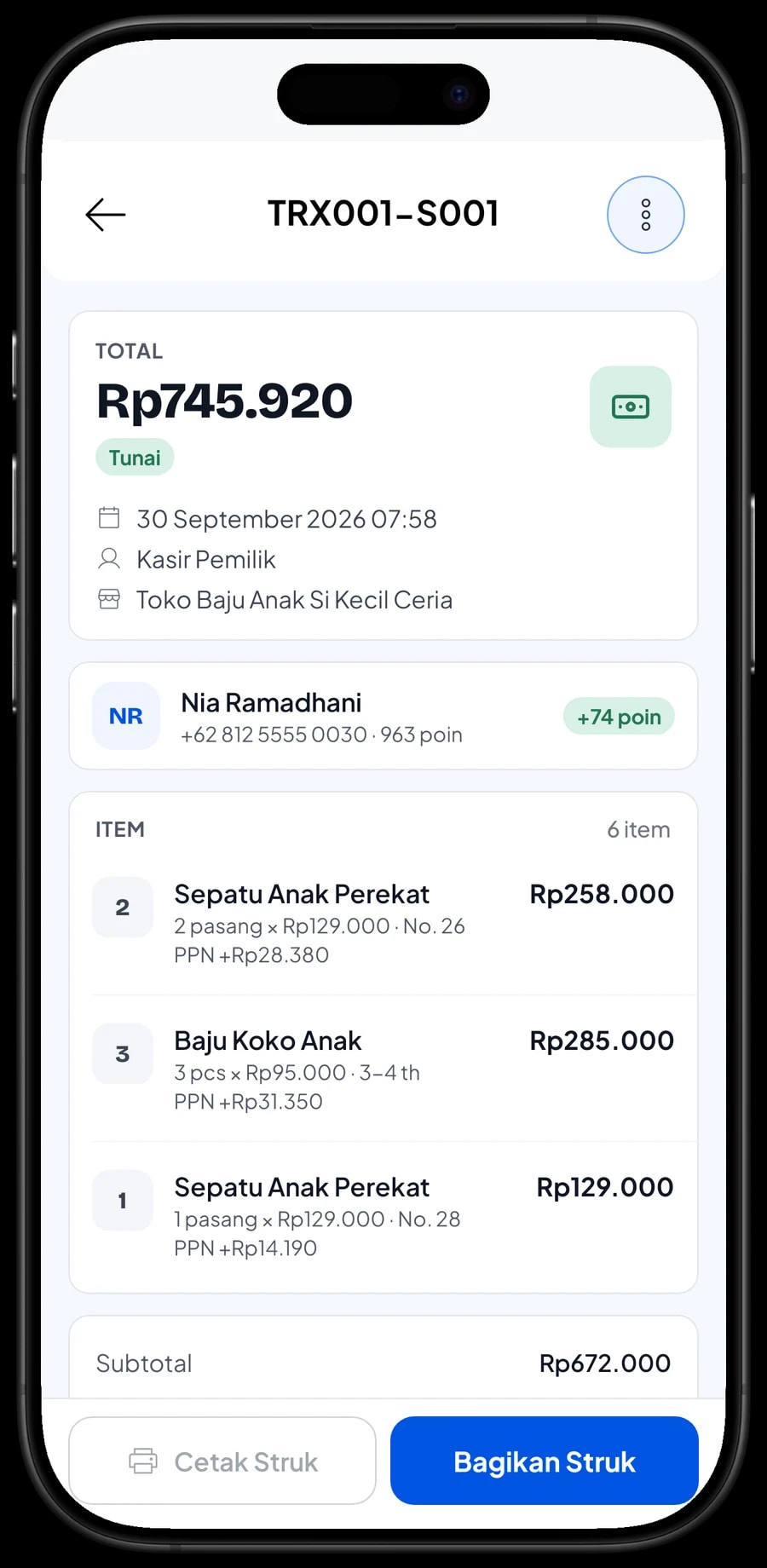 Daftar transaksi dengan detail satu penjualan baju anak: barang, PPN, metode bayar dan poin