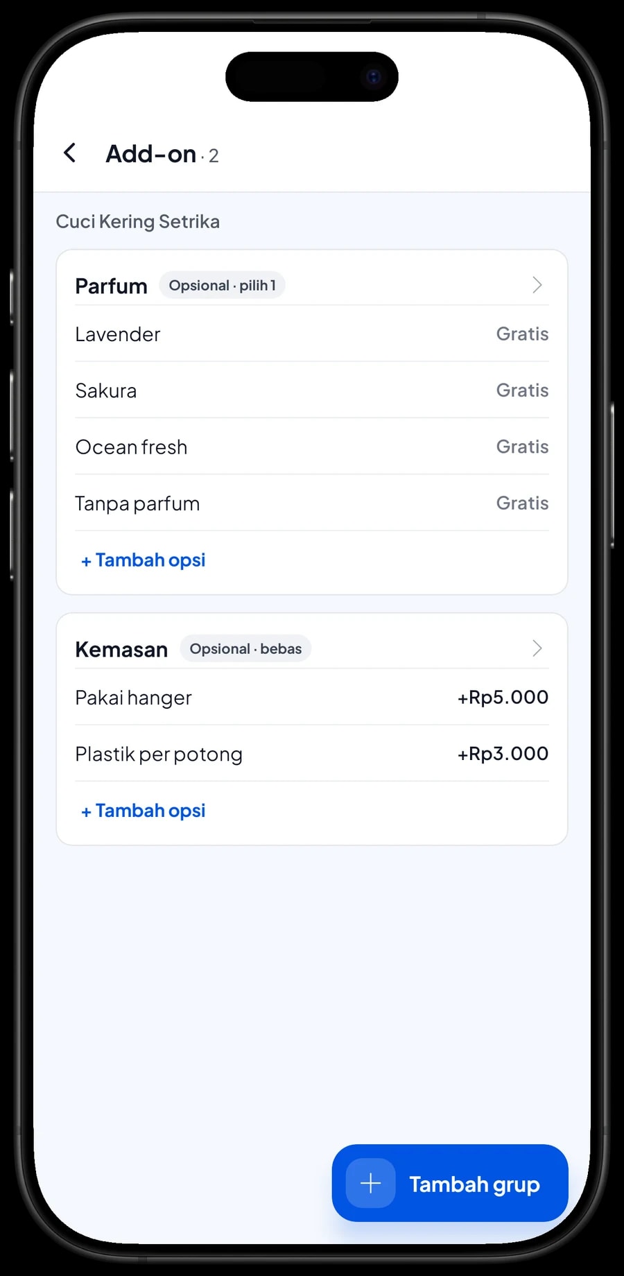 Grup add-on Cuci Kering Setrika: Parfum (Lavender, Sakura, Ocean fresh, Tanpa parfum) dan Kemasan