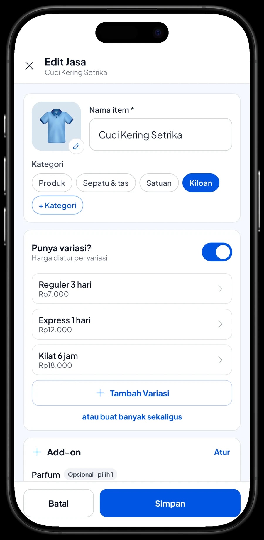 Edit item Cuci Kering Setrika: varian Reguler 3 hari, Express 1 hari dan Kilat 6 jam, masing-masing dengan harga per kilo