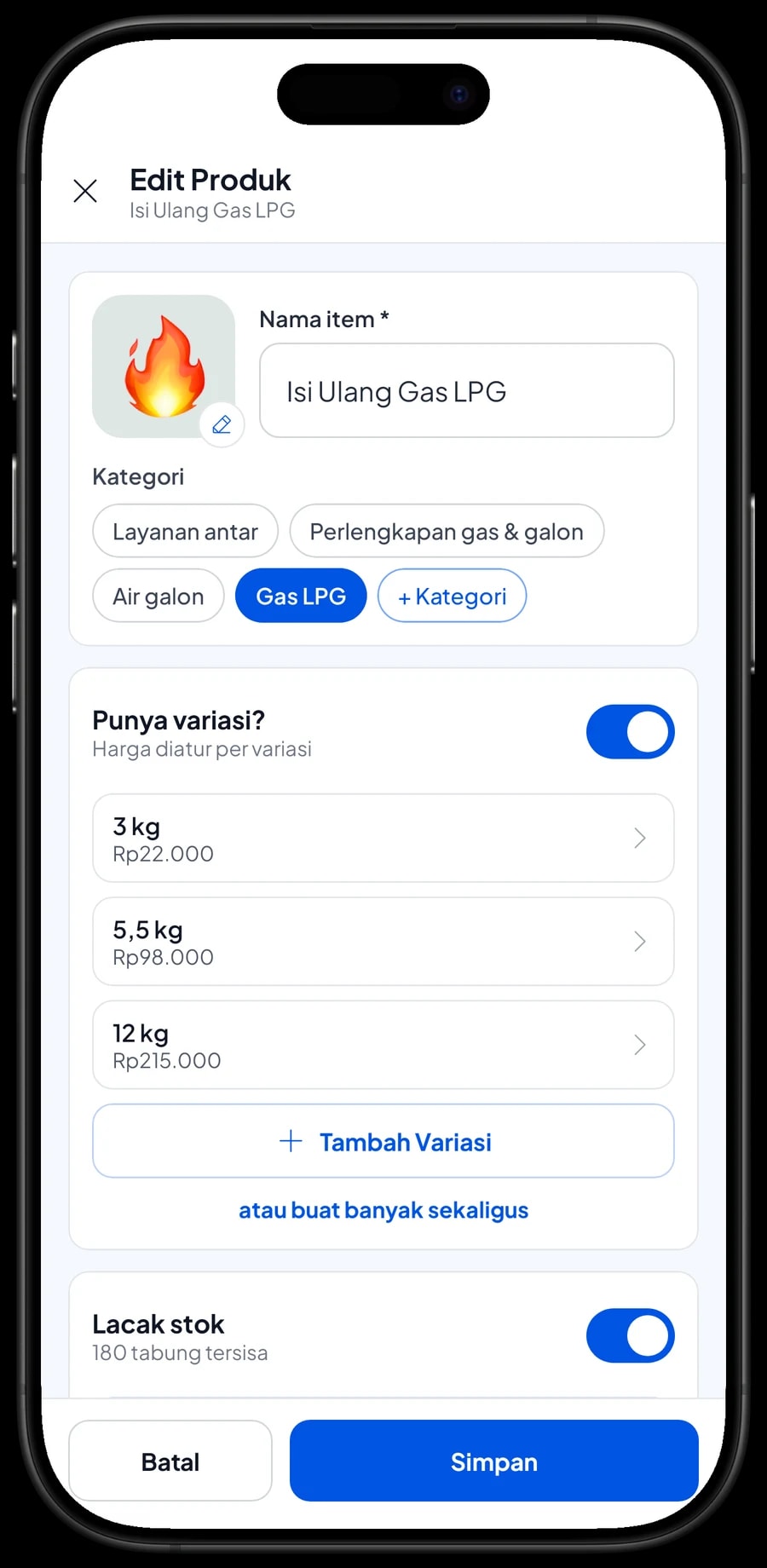 Edit item Isi Ulang Gas LPG: varian 3 kg Rp22.000, 5,5 kg Rp98.000 dan 12 kg Rp215.000