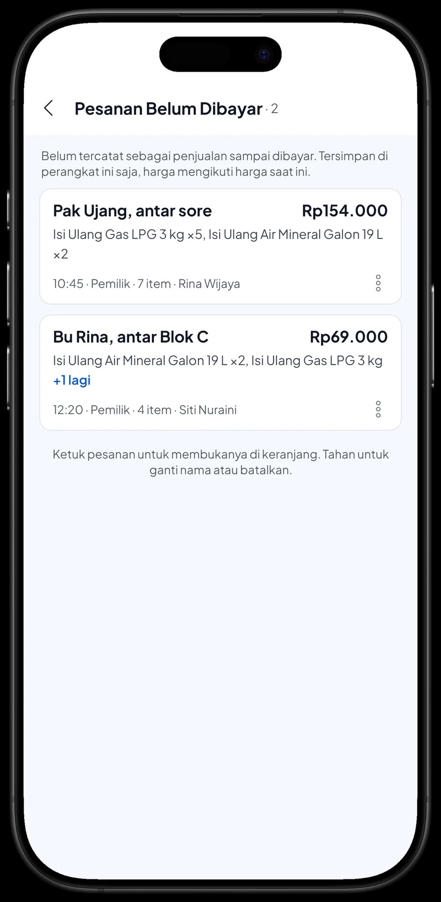 Daftar Pesanan Belum Dibayar: pesanan "Pak Ujang, antar sore" Rp154.000 dan antaran Bu Rina ke Blok C Rp69.000