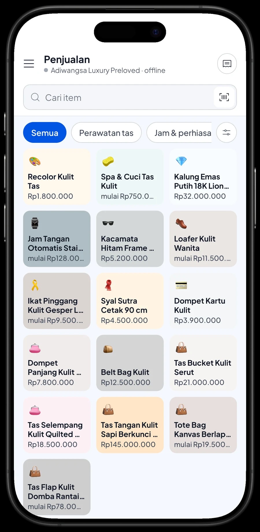 Layar Penjualan Adiwangsa Luxury Preloved dengan keranjang berisi Kacamata Hitam Frame Asetat dan Dompet Kartu Kulit