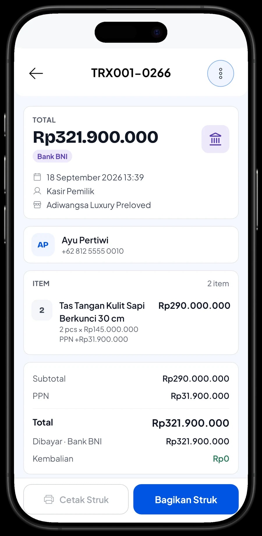 Detail transaksi: Tas Bucket Kulit Serut, Recolor Kulit Tas dan Dompet Panjang Kulit Resleting, dengan PPN dan ongkos kirim