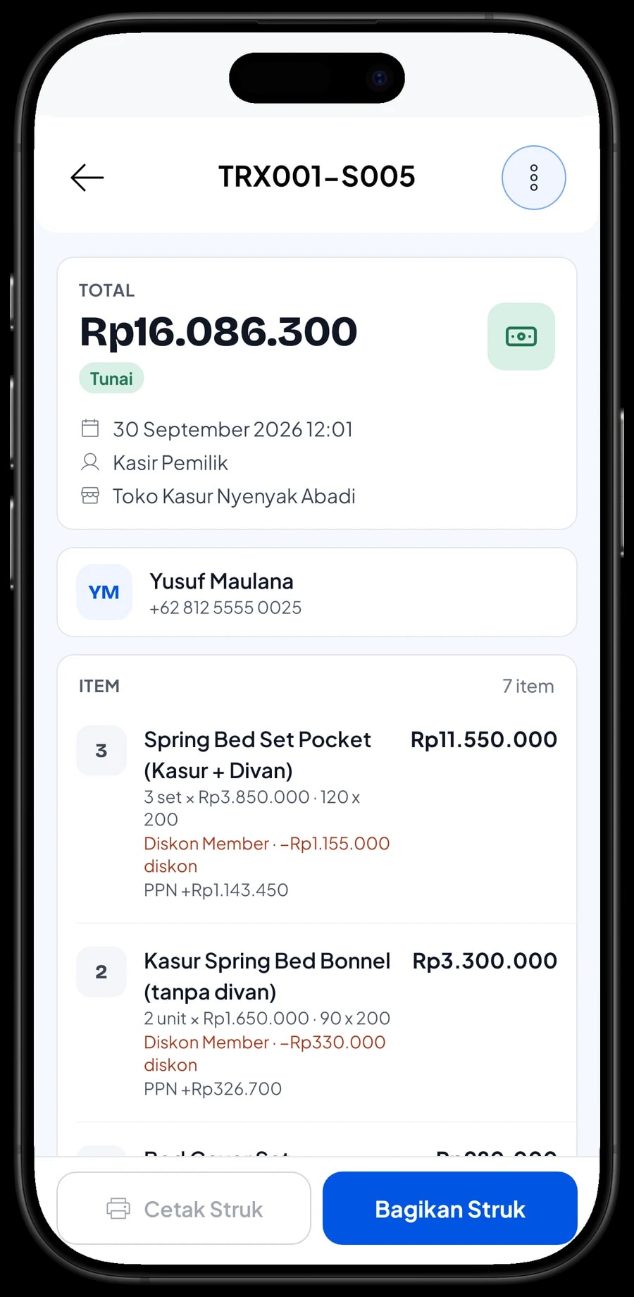 Detail transaksi: Sandaran Kepala Jok 180 cm dan Kasur Busa Padat 160 x 200, dengan diskon member dan PPN