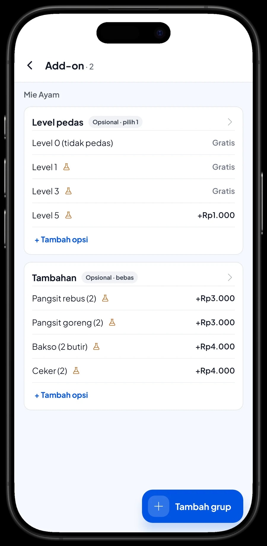Add-on Mie Ayam: Level pedas 0 sampai 5, serta tambahan pangsit rebus, pangsit goreng, bakso dan ceker