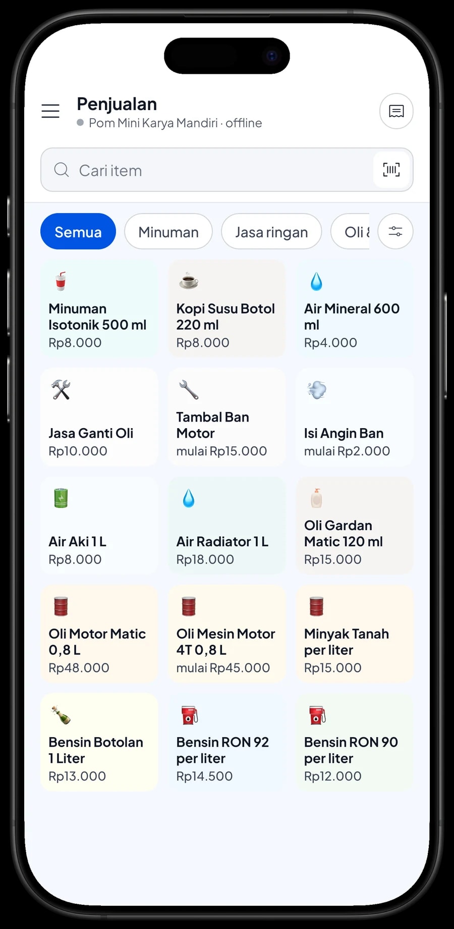 Layar Penjualan Pom Mini Karya Mandiri dengan kategori bahan bakar, oli & cairan, jasa ringan dan minuman, serta keranjang