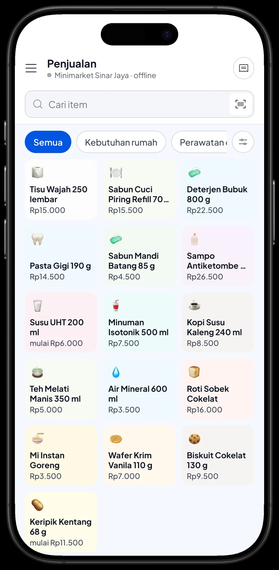Layar Penjualan Minimarket Sinar Jaya: Minuman Isotonik dan Mi Instan Goreng di keranjang Budi Santoso, total Rp18.500