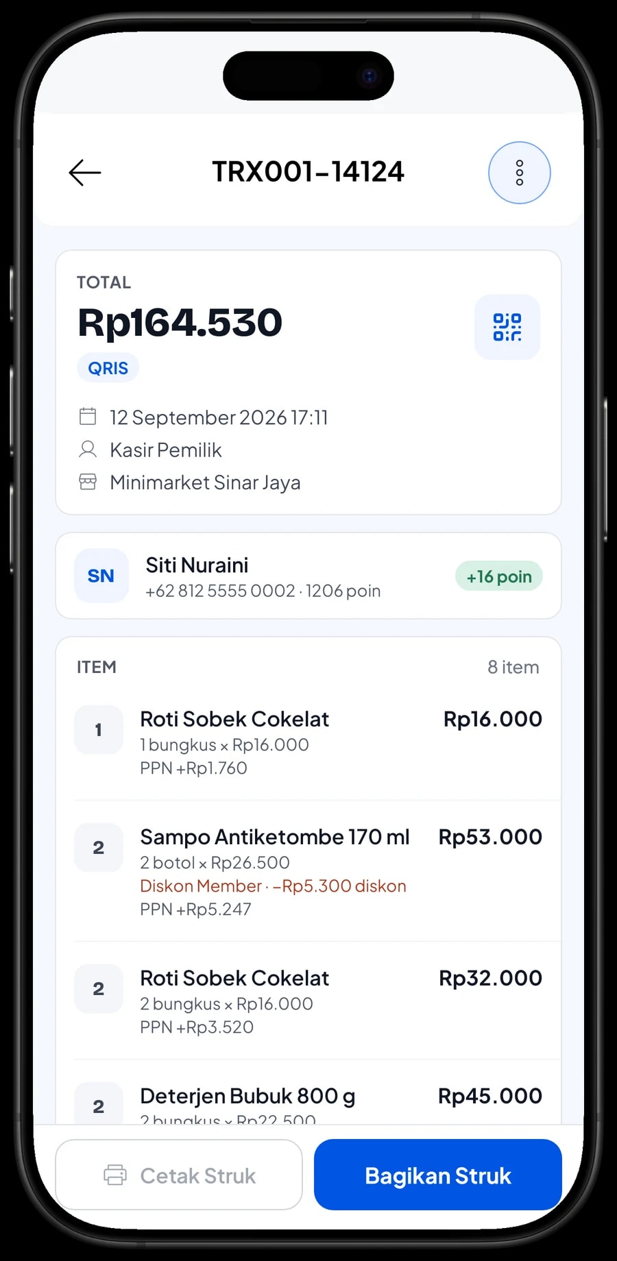 Detail transaksi Sri Mulyani: sabun cuci piring, tisu, biskuit dan sampo dengan diskon member, PPN dan ongkos kirim