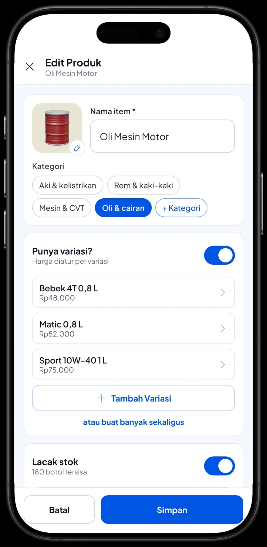 Edit item Oli Mesin Motor dengan varian Bebek 4T 0,8 L, Matic 0,8 L dan Sport 10W-40 1 L