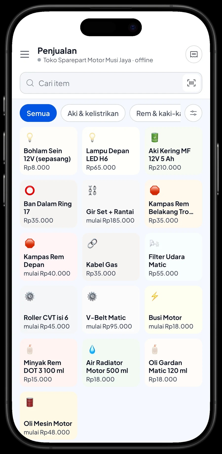 Layar Penjualan Toko Sparepart Motor Musi Jaya dengan tab Oli & cairan, Mesin & CVT dan keranjang berisi