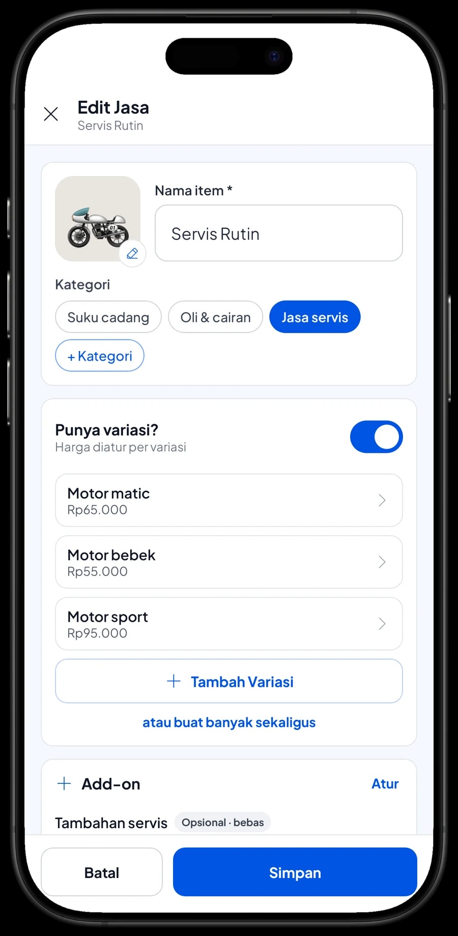 Edit item Servis Rutin di Bengkel Motor Jaya Abadi dengan varian Motor matic, Motor bebek dan Motor sport