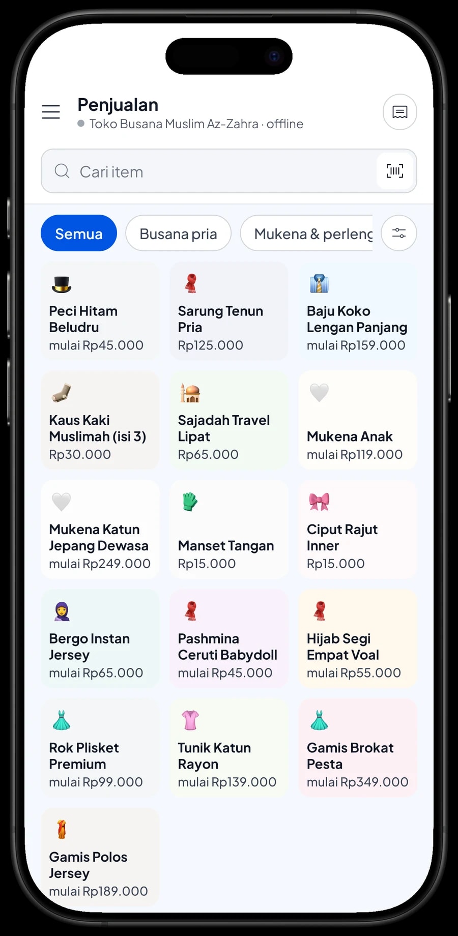 Layar Penjualan Toko Busana Muslim Az-Zahra dengan tab kategori dan keranjang atas nama Budi Santoso