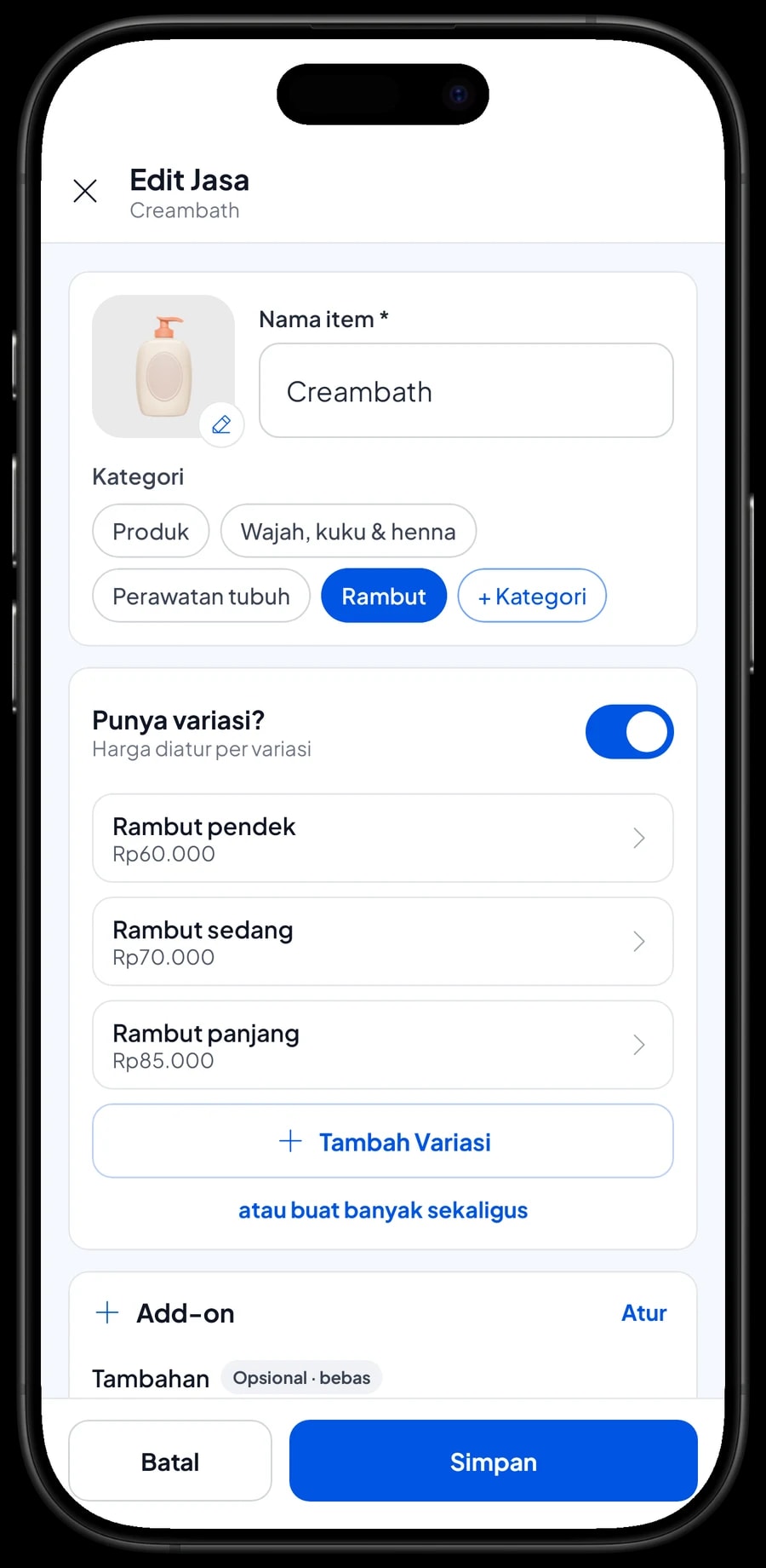 Edit item Creambath dengan varian rambut pendek, sedang dan panjang, masing-masing dengan harga sendiri