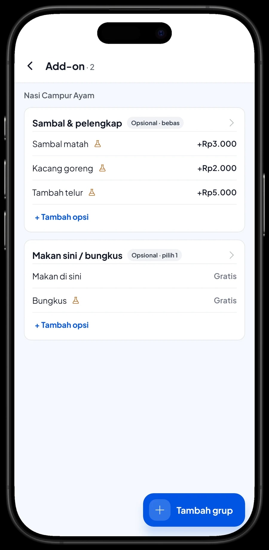 Add-on Nasi Campur Ayam: sambal matah, kacang goreng, tambah telur, serta makan di sini atau bungkus