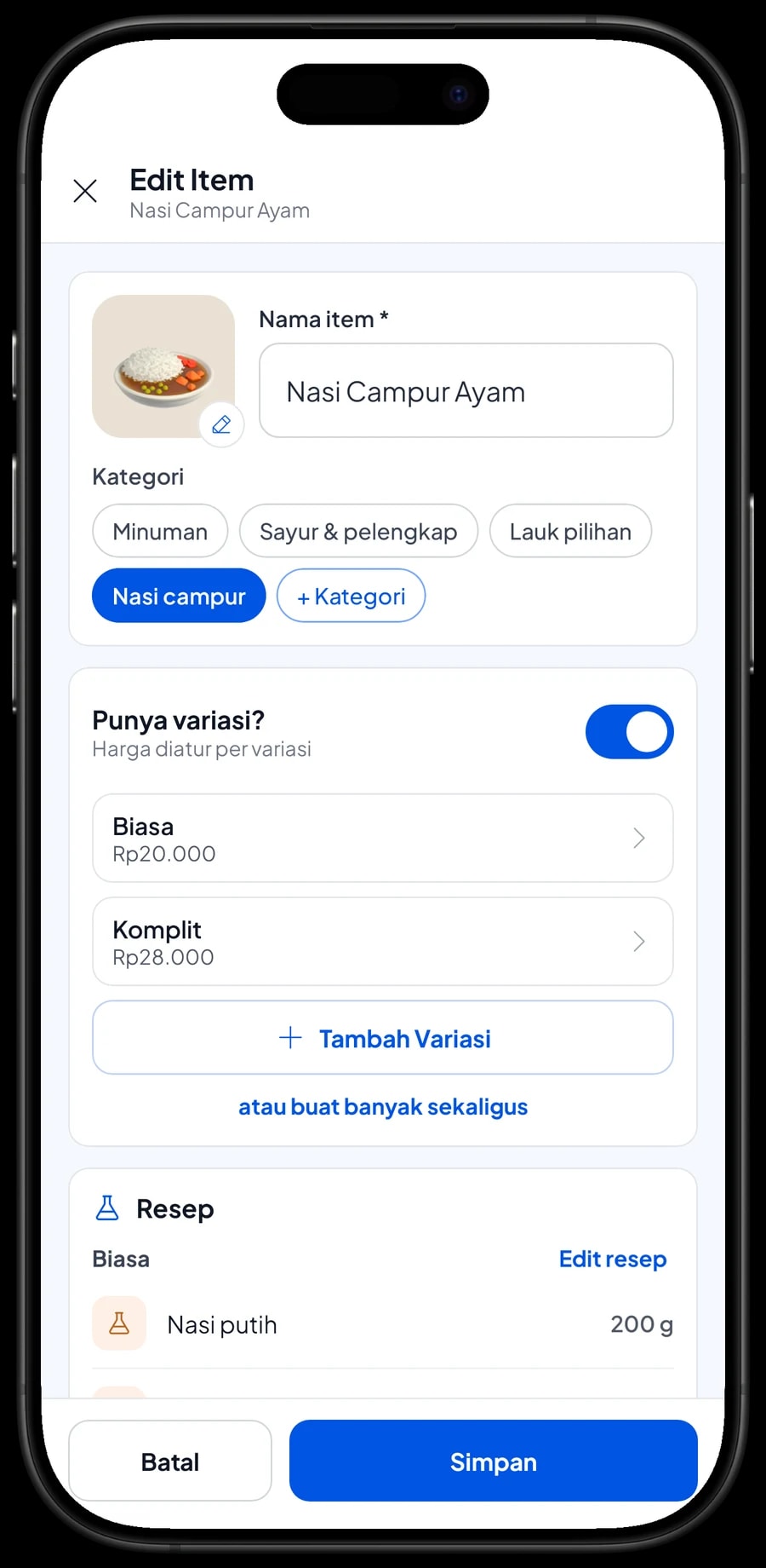 Edit item Nasi Campur Ayam di Warung Nasi Men Sari: varian Biasa Rp20.000 dan Komplit Rp28.000