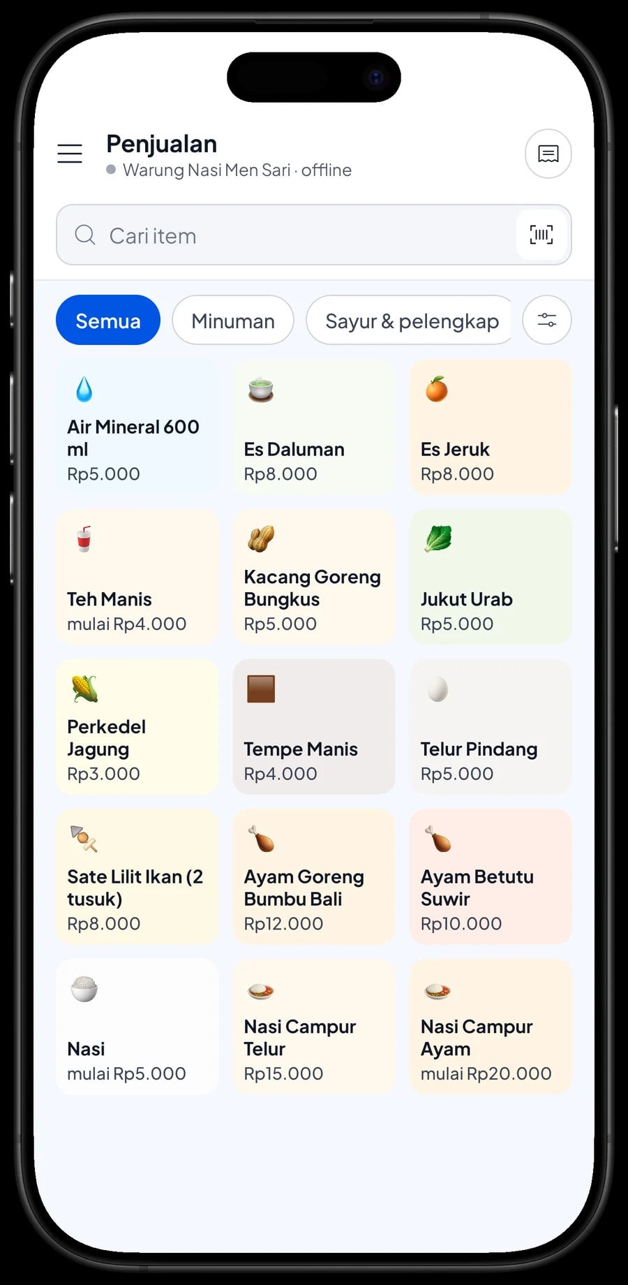 Layar Penjualan Warung Nasi Men Sari dengan menu per kategori dan dua menu di keranjang