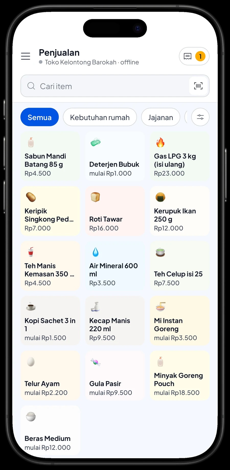 Layar Penjualan Toko Kelontong Barokah: 2 butir Telur Ayam dan Gula Pasir 1/2 kg, total Rp13.900
