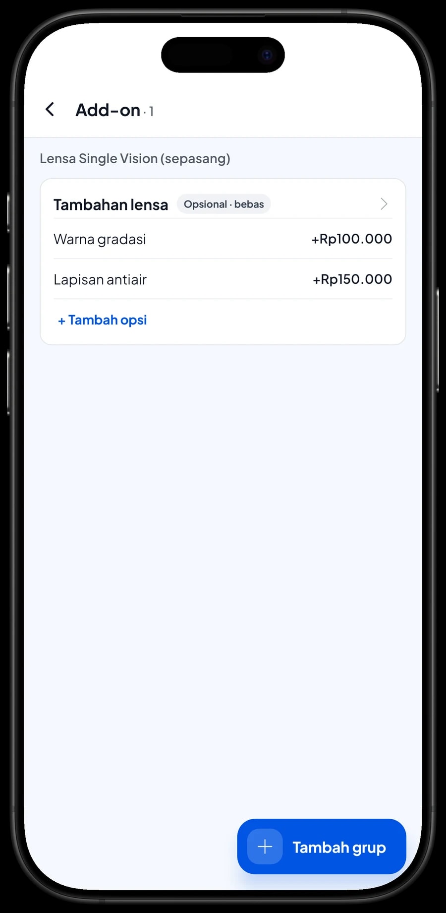 Grup add-on Tambahan lensa pada Lensa Single Vision: Warna gradasi +Rp100.000 dan Lapisan antiair +Rp150.000