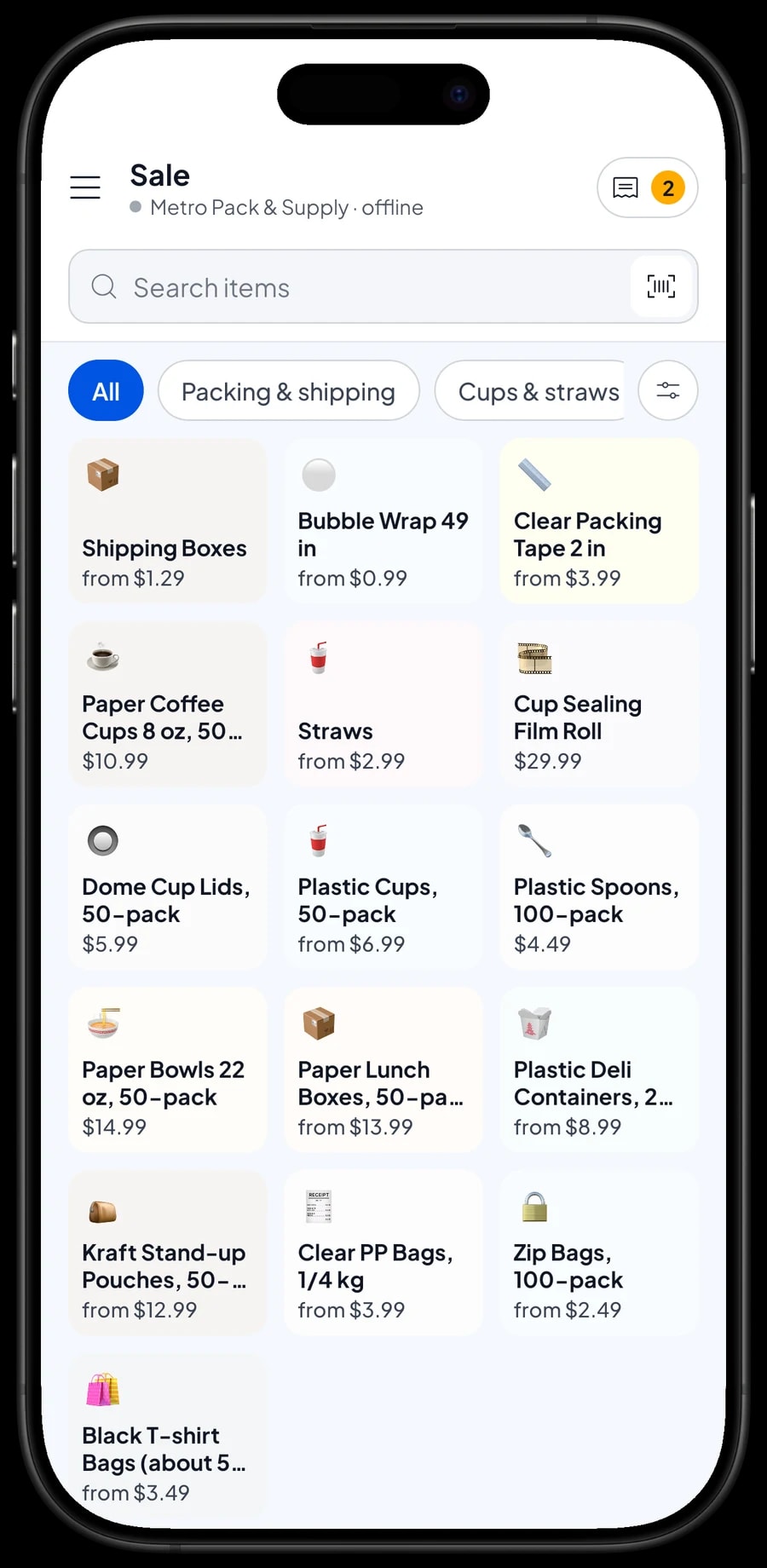 The Metro Pack & Supply Sale screen with bags, food containers, cups and shipping supplies, and a cart