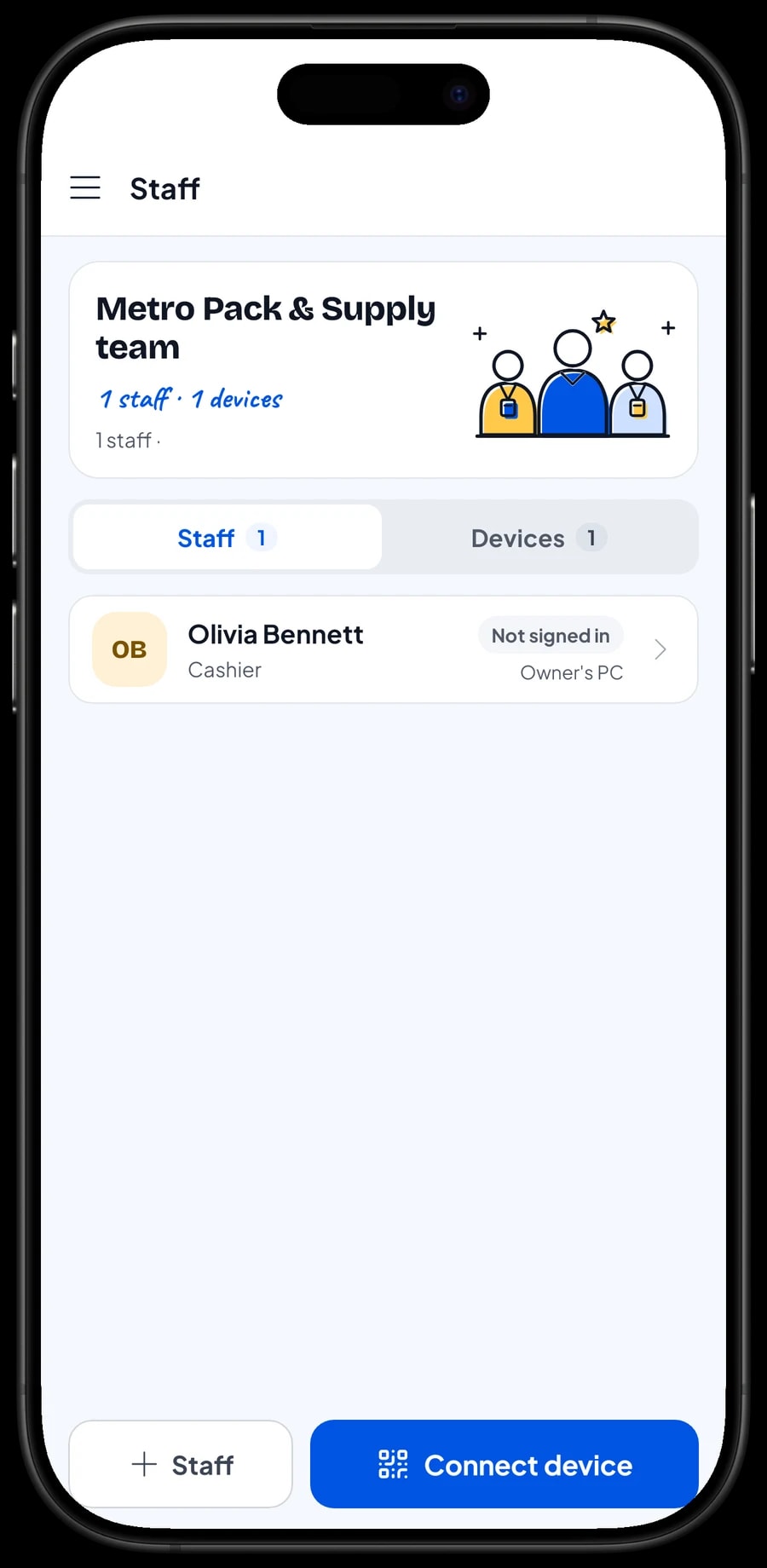 Staff sign-in on a cashier device: pick the staff member, then sign in with a PIN