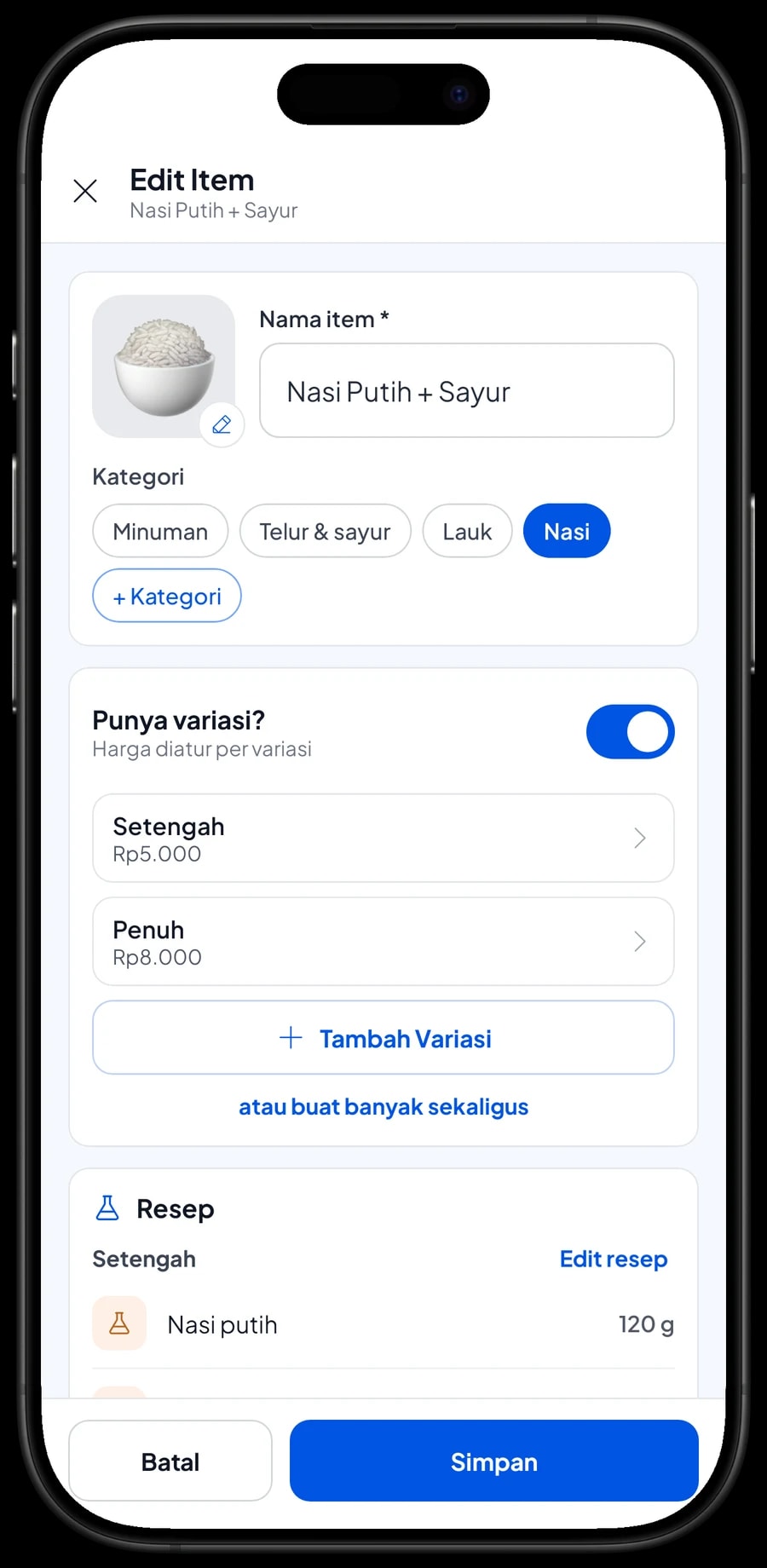 Edit item Nasi Putih + Sayur di RM Padang Talago Biru: varian Setengah Rp5.000 dan Penuh Rp8.000