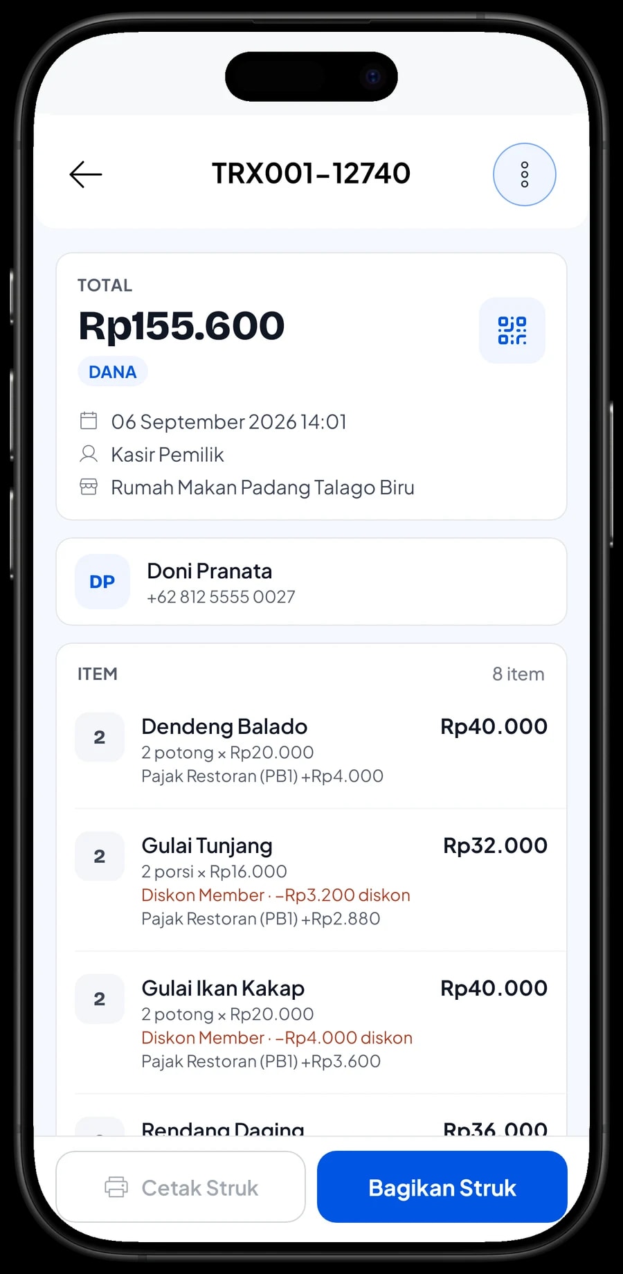 Detail transaksi di RM Padang Talago Biru: lauk, pajak restoran PB1 10% dan metode bayar