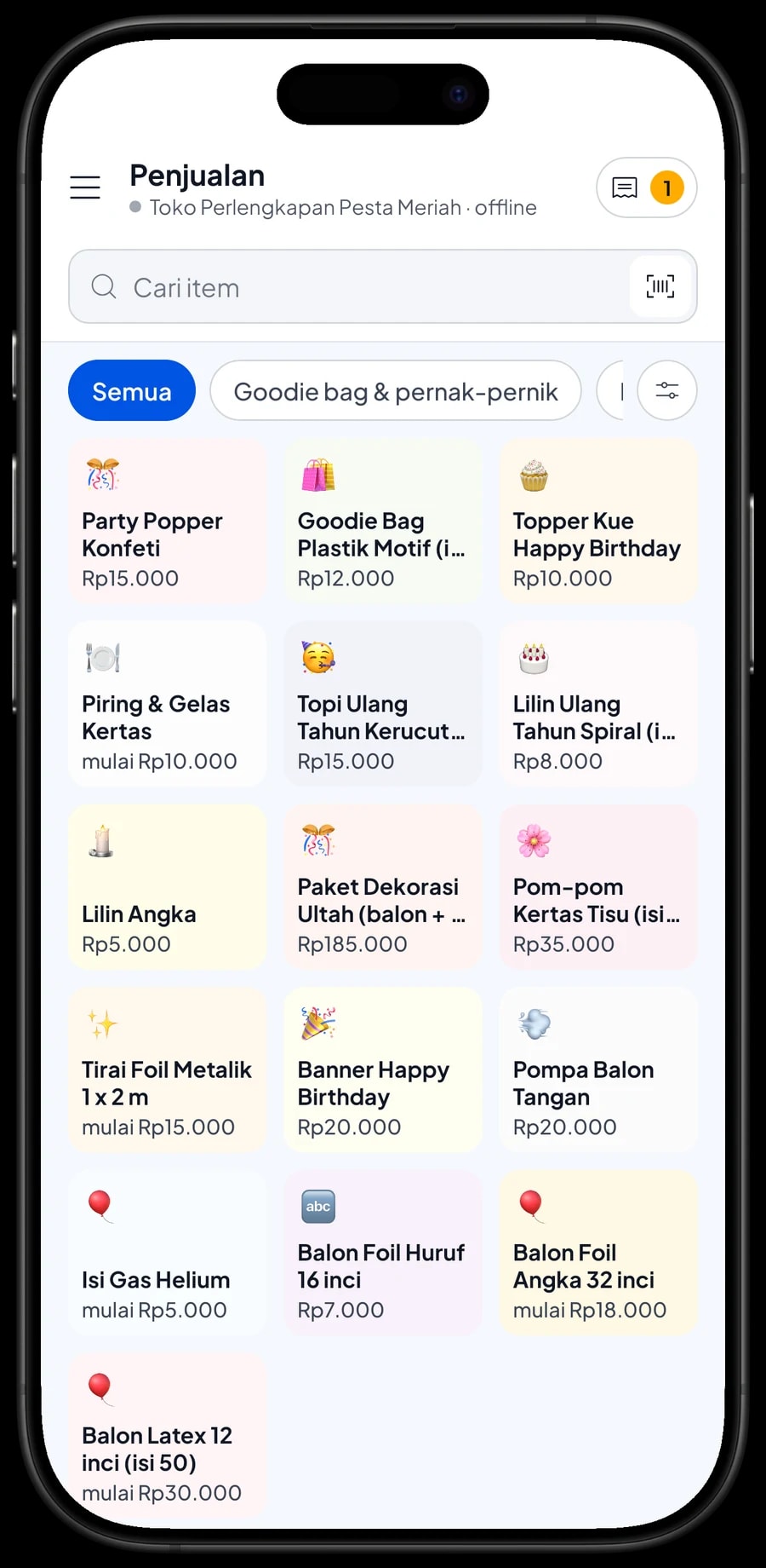 Layar Penjualan Toko Perlengkapan Pesta Meriah dengan tab Balon & helium, Dekorasi dan keranjang berisi