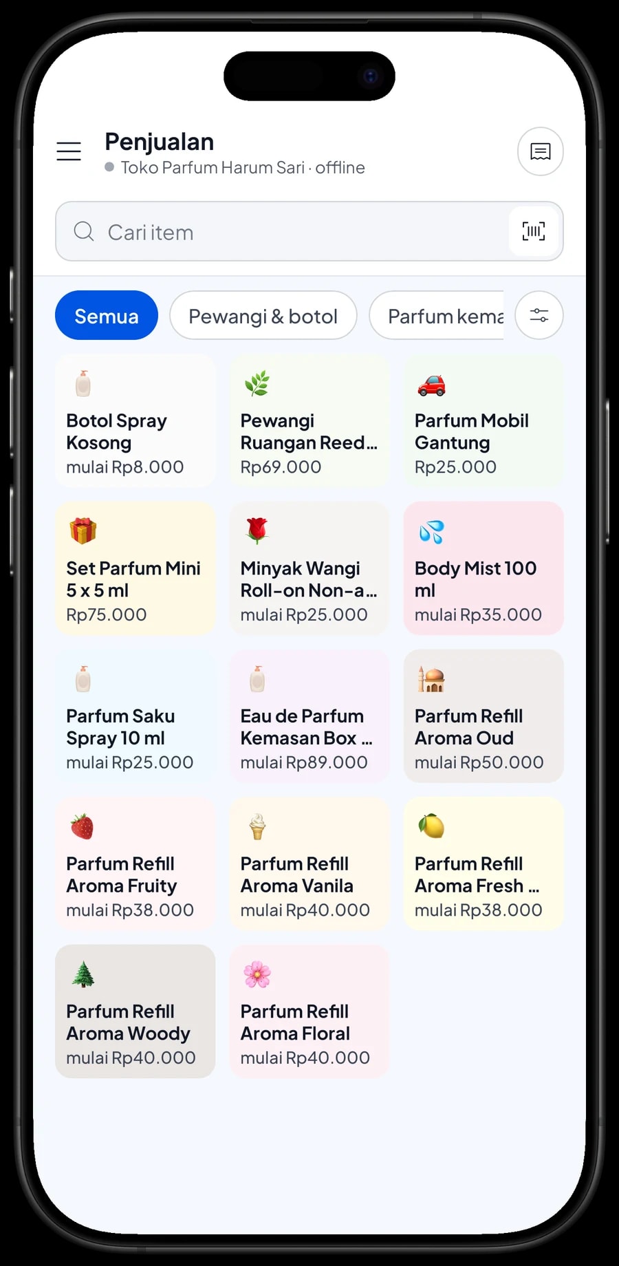 Layar Penjualan dengan poin pelanggan dan keranjang berisi Parfum Refill Aroma Woody 30 ml dan Body Mist Sakura