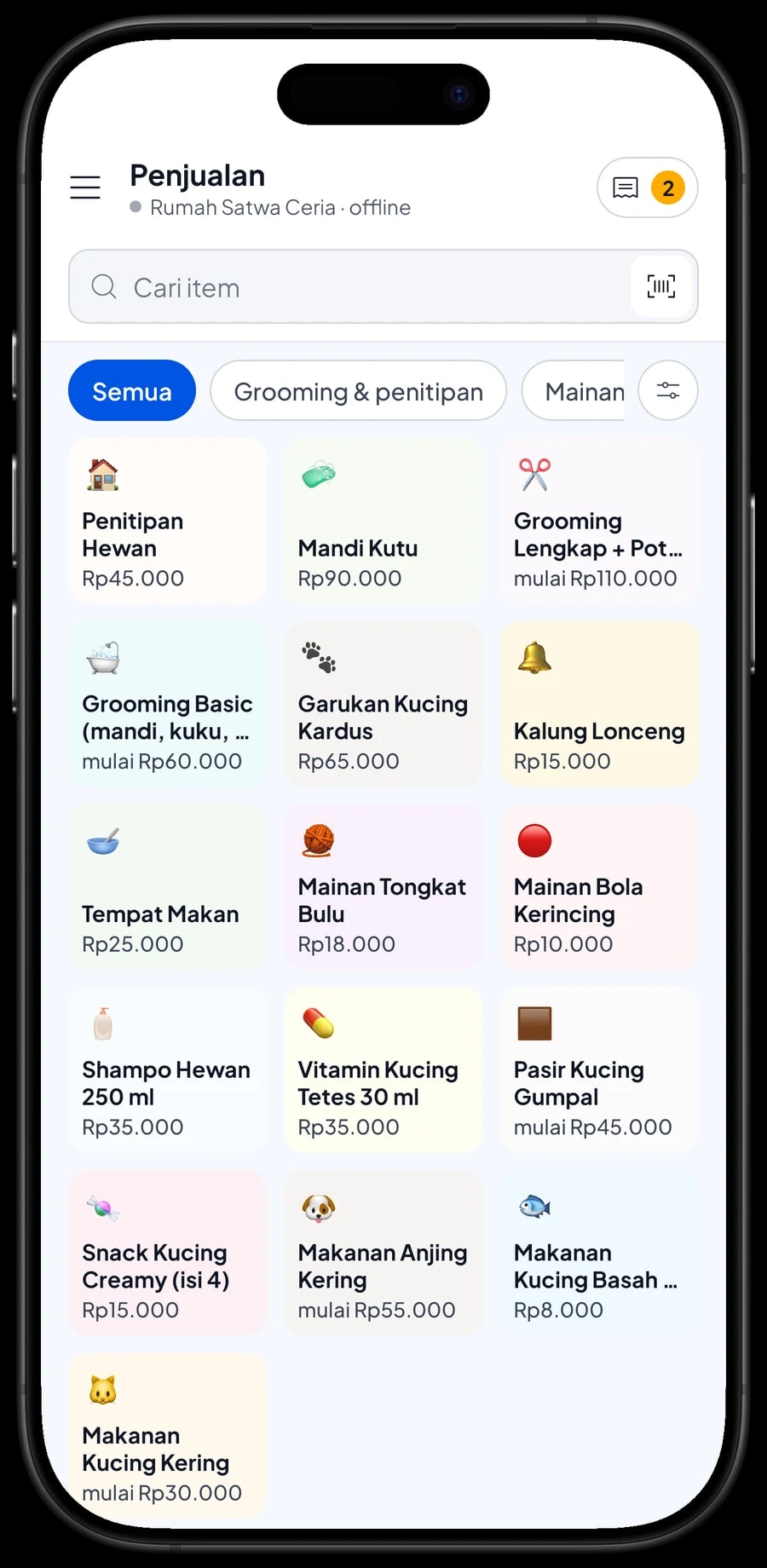Layar Penjualan Rumah Satwa Ceria dengan pakan, pasir dan mainan per kategori serta keranjang pembeli