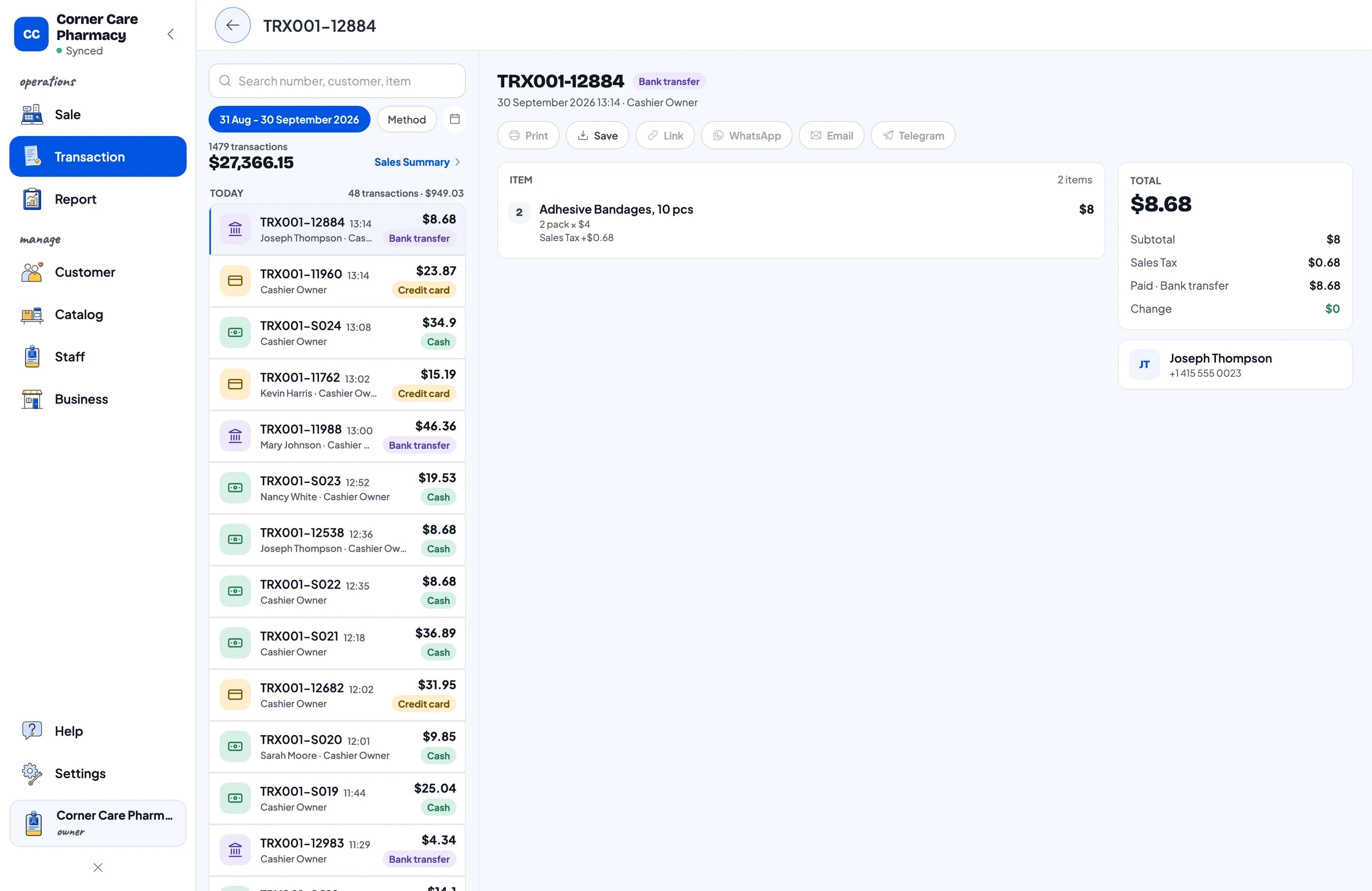 The transaction list with one sale opened: products, sales tax, payment method and total