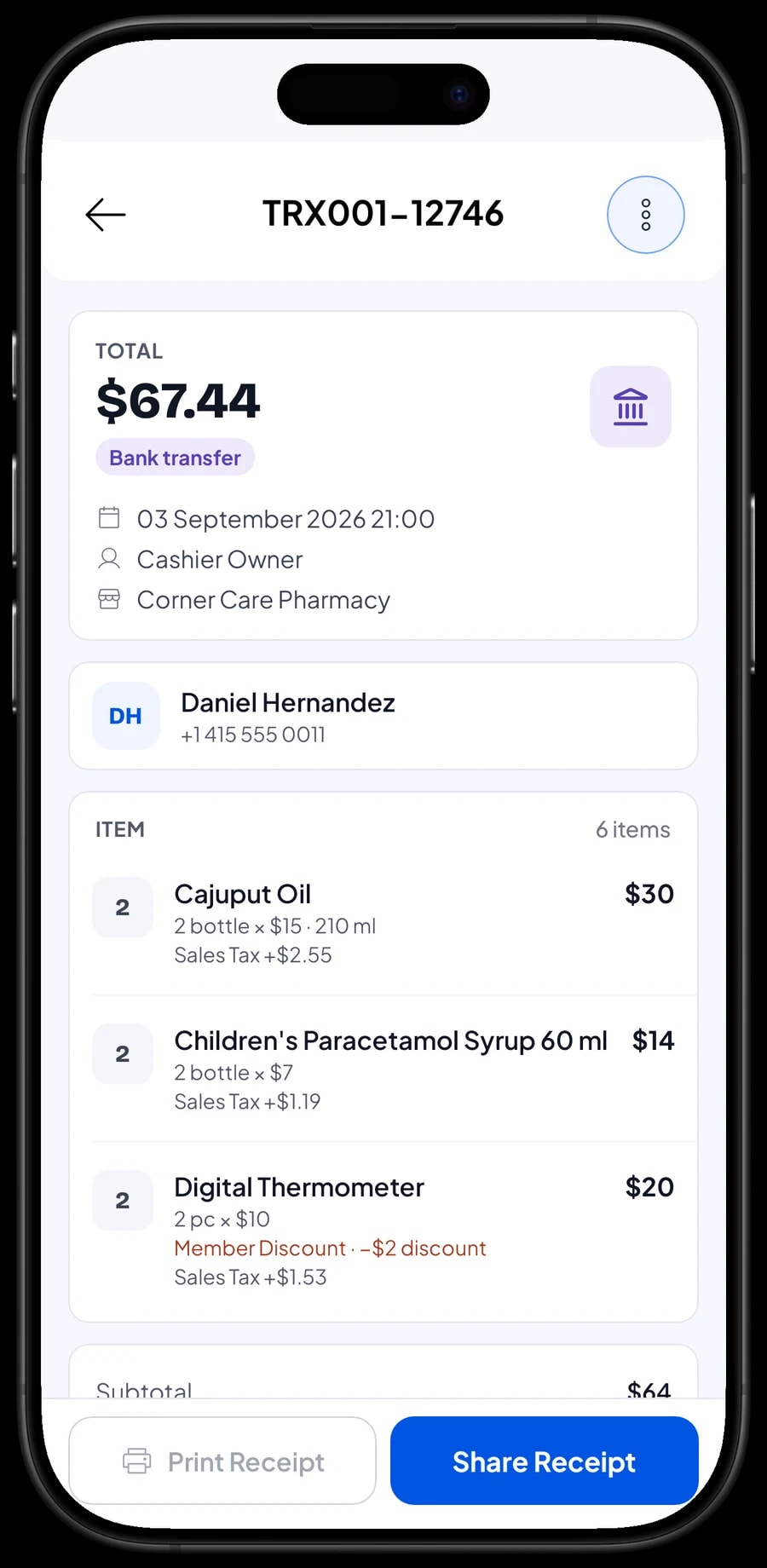 The transaction list with one sale opened: products, sales tax, payment method and total