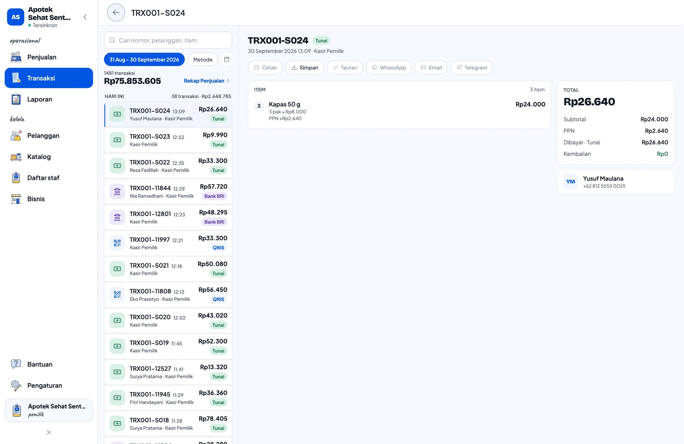 Daftar transaksi dengan detail satu penjualan: produk, PPN, metode pembayaran dan total