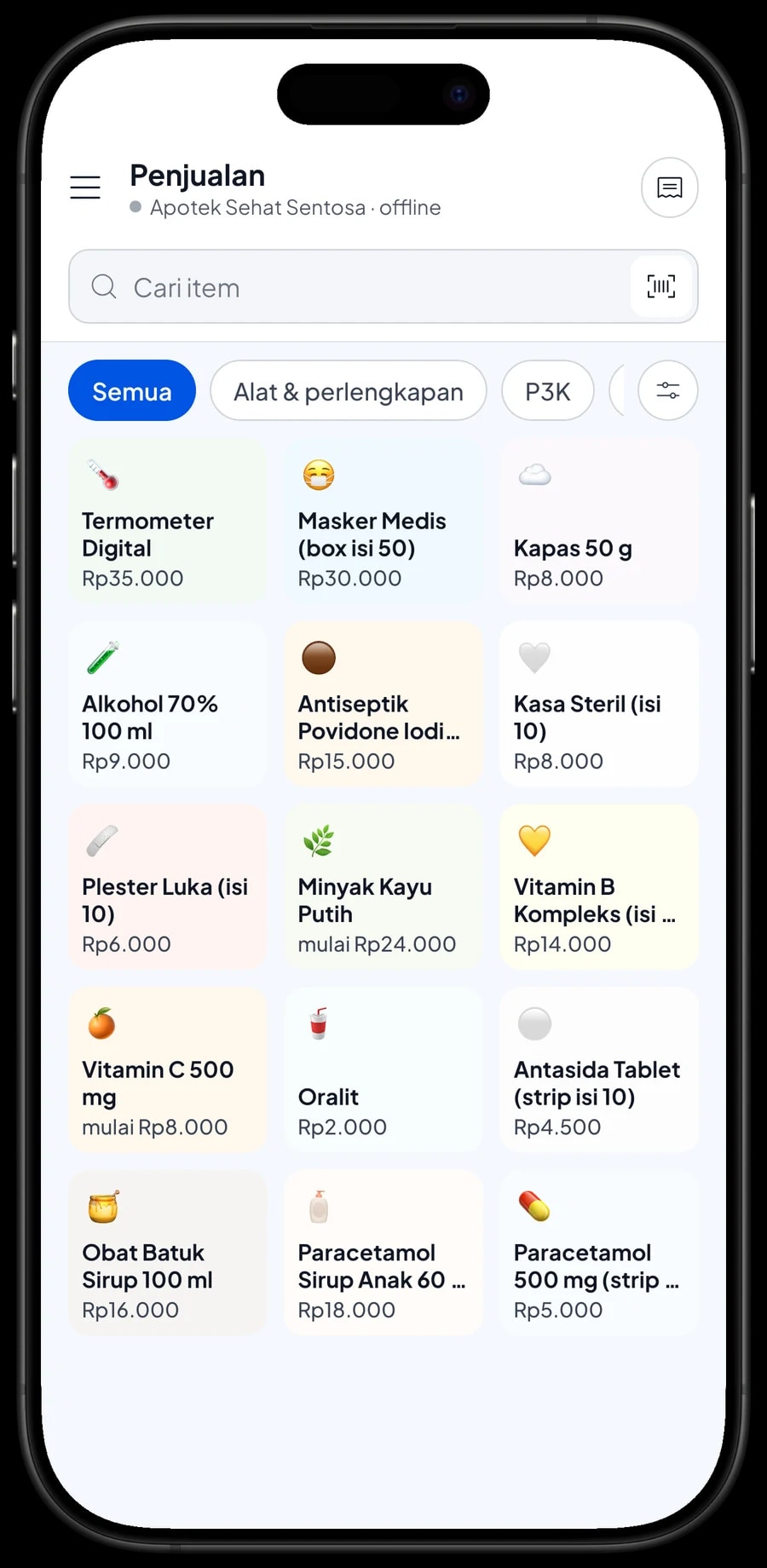 Layar Penjualan Apotek Sehat Sentosa dengan Termometer Digital, Masker Medis, P3K dan keranjang pelanggan