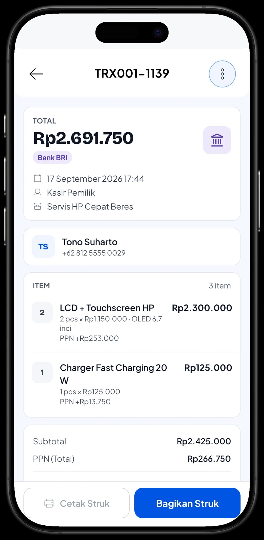 Daftar transaksi Servis HP Cepat Beres dengan detail satu transaksi: item, pajak, metode bayar dan total