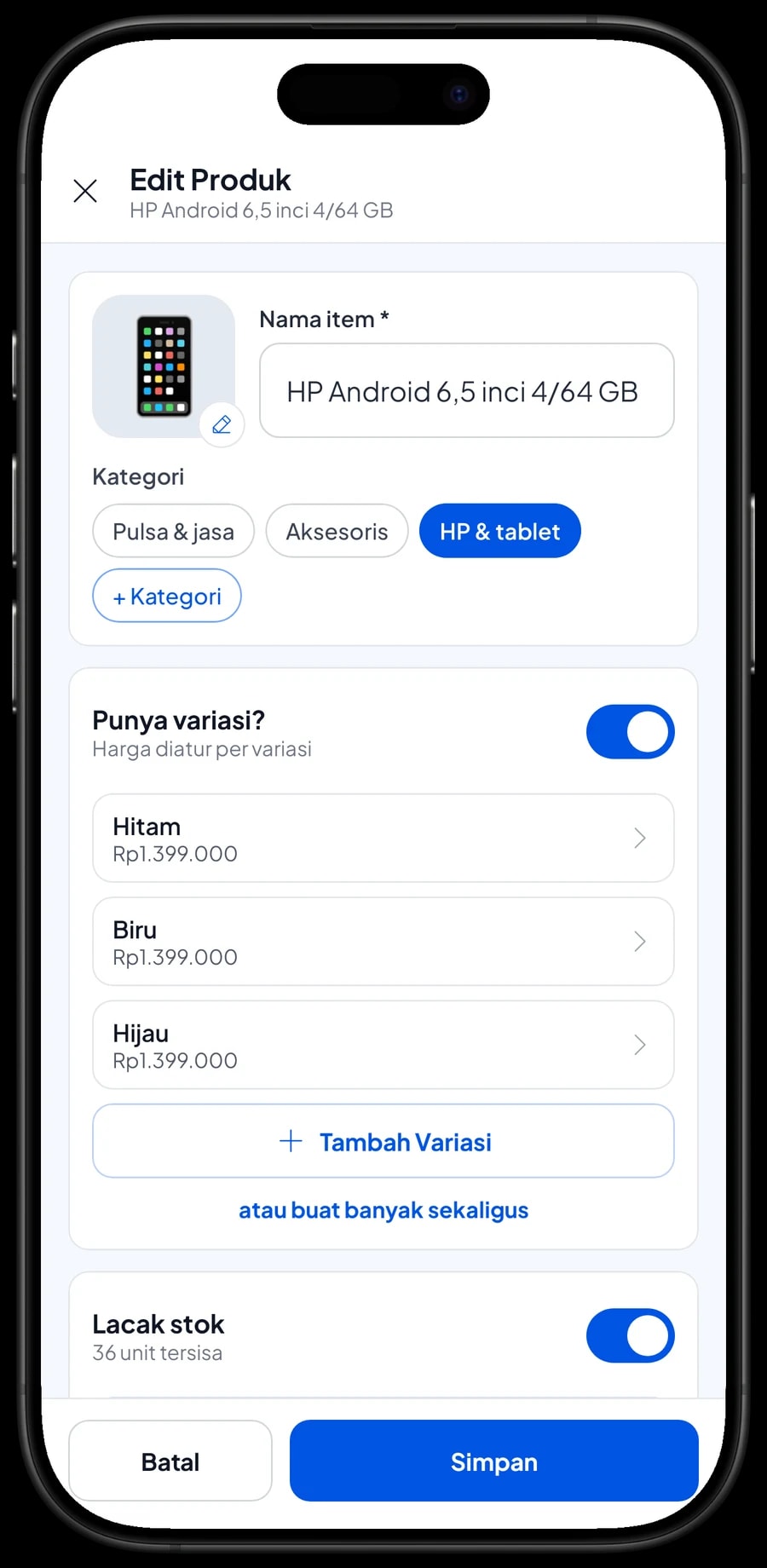 Edit item HP Android 6,5 inci 4/64 GB dengan varian warna Hitam, Biru dan Hijau beserta harganya