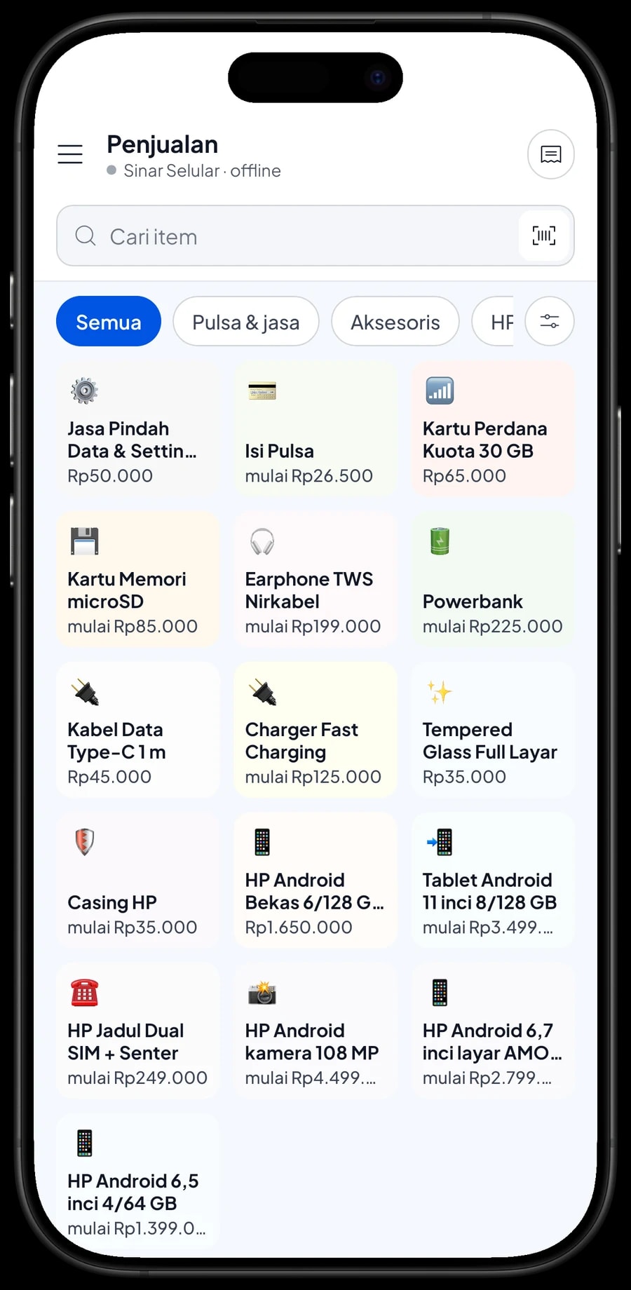 Layar Penjualan Sinar Selular dengan kategori HP & tablet, Aksesoris, Pulsa & jasa, dan keranjang siap dibayar