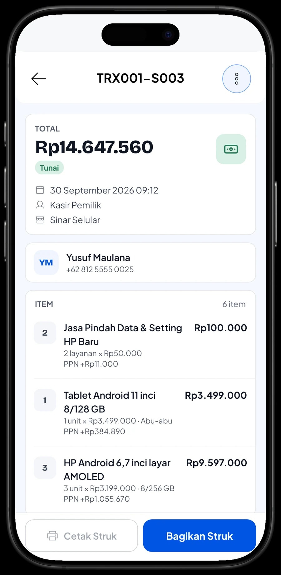 Daftar transaksi Sinar Selular dengan rincian satu penjualan: barang, PPN 11% dan metode pembayaran