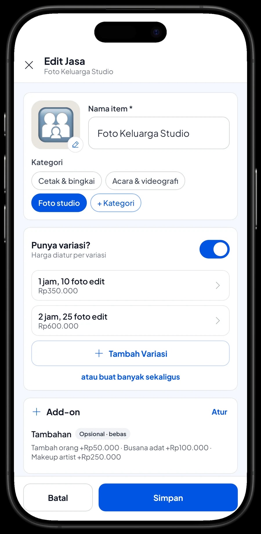 Edit item Foto Keluarga Studio: varian 1 jam dengan 10 foto edit dan 2 jam dengan 25 foto edit