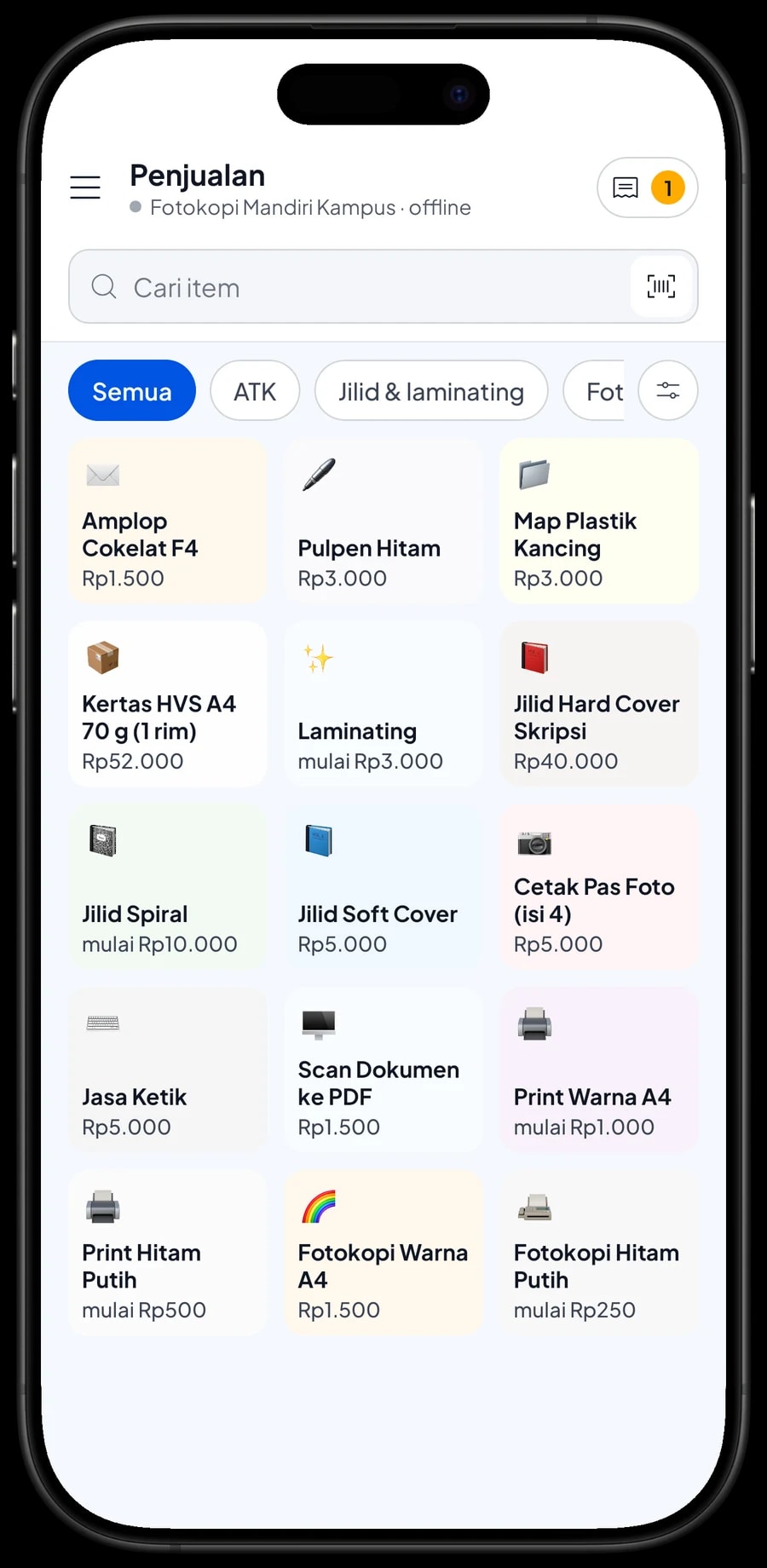Layar Penjualan Fotokopi Mandiri Kampus: item per kategori dan keranjang pembeli yang siap dibayar