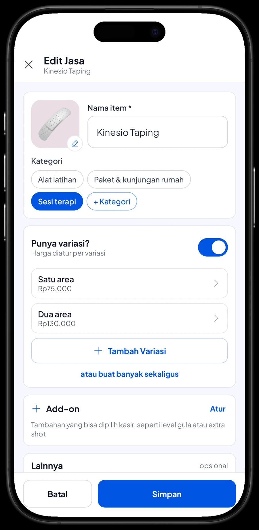 Edit item Kinesio Taping dengan varian Satu area dan Dua area, masing-masing dengan tarif sendiri