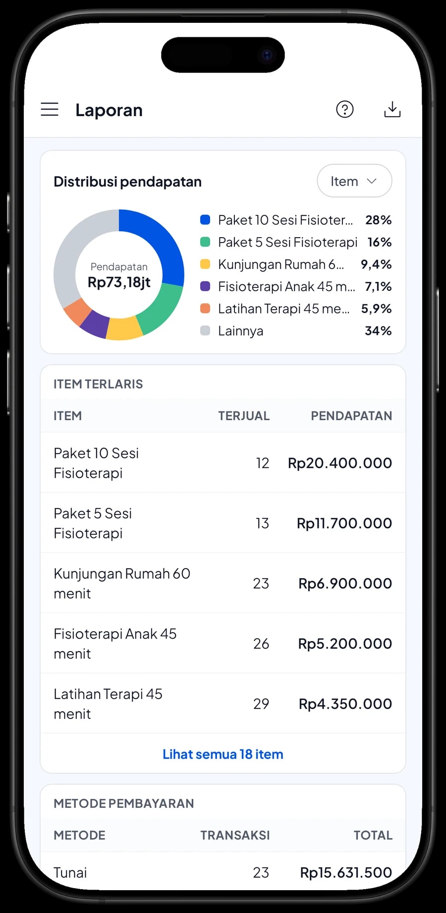 Laporan bulanan praktik fisioterapi: total pendapatan, laba kotor, grafik harian dan pendapatan per layanan