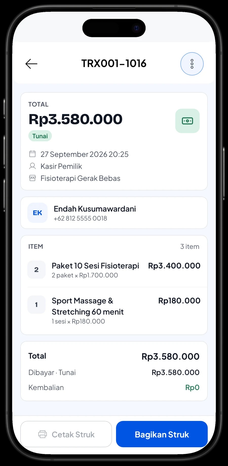 Daftar transaksi praktik fisioterapi dengan detail satu pembayaran: sesi atau alat, metode pembayaran dan total