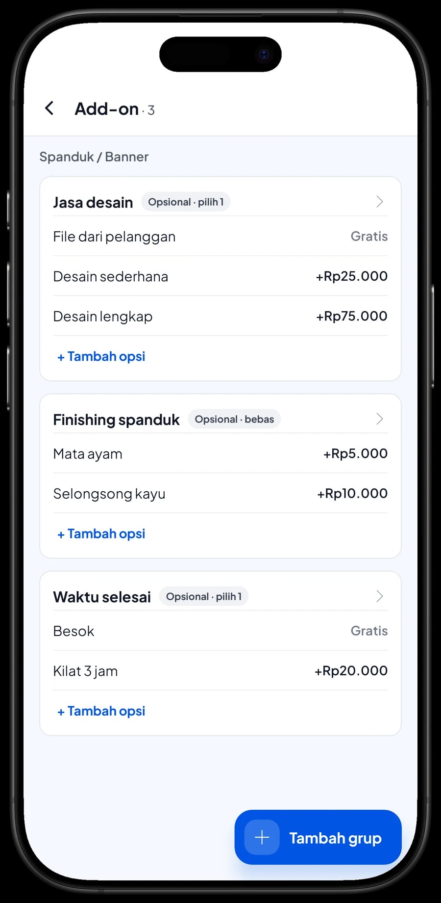 Add-on item Spanduk / Banner: Jasa desain, Finishing spanduk dengan mata ayam dan selongsong, dan Waktu selesai